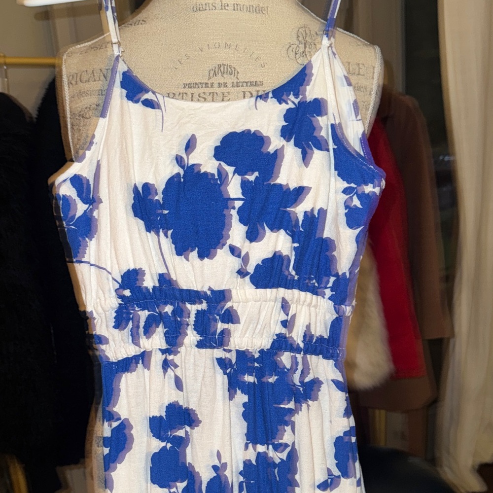 Cynthia Rowley Blue White Floral Maxi Dress w/ hand pockets adjustable straps XS - Picture 12 of 14
